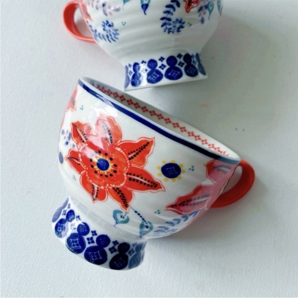 Anthropologie Orange Multi Pedestal Floral Mug Coffee Tea Cup by Jennifer Lewis